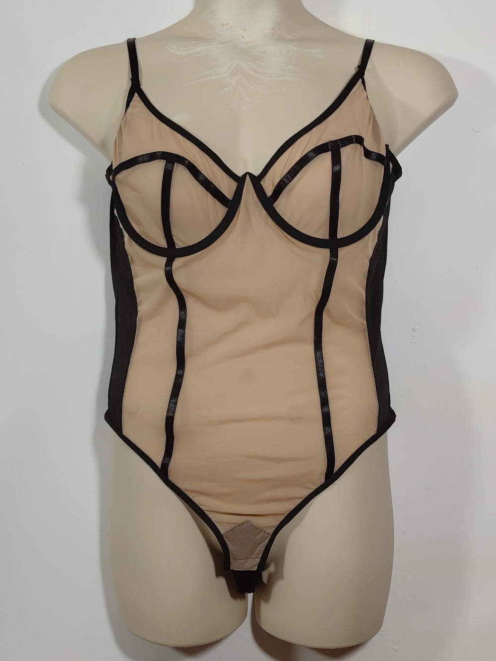 My Boo Sheer Nude and Black Trim Mesh Bodysuit 2XL